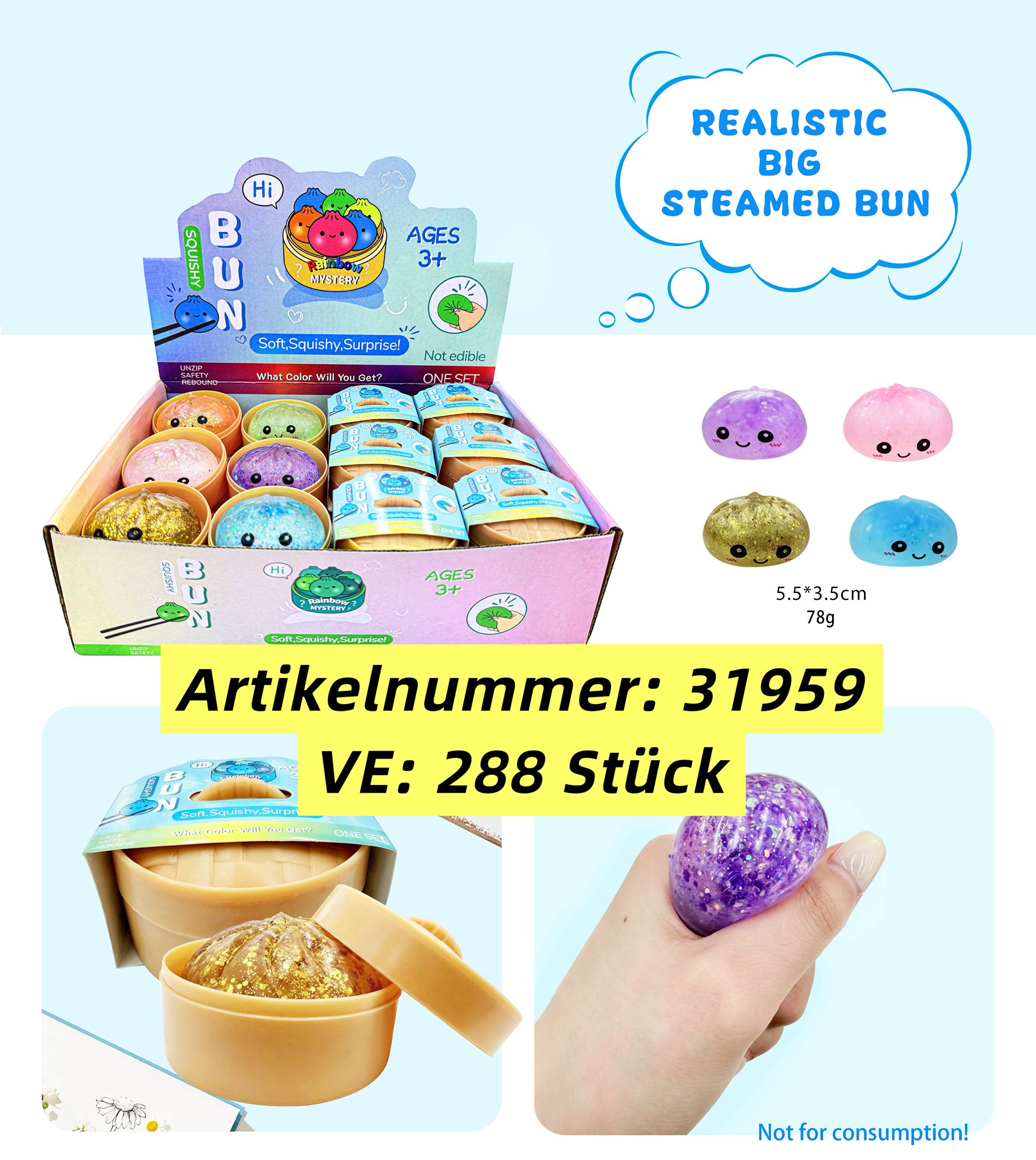 Soft Squishy Spielzeug Dumpling m. Glitzer (Vorverkauf)
