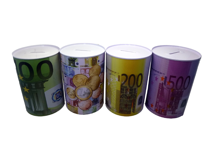 Money Savings Box of Metal ø7.5 x 10cm Euro Design
