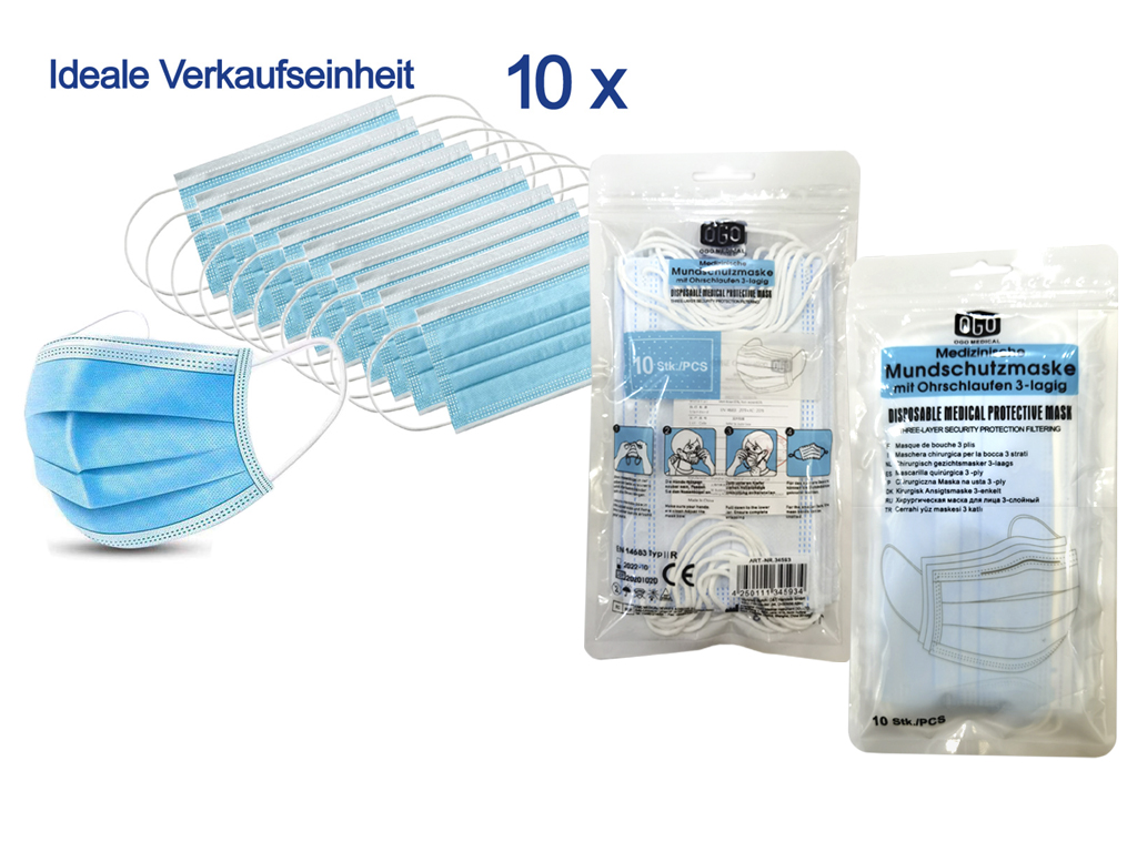 Medizinischer Mundschutz Mundmaske 3-lagig, 10er Pack - zum Schließen ins Bild klicken