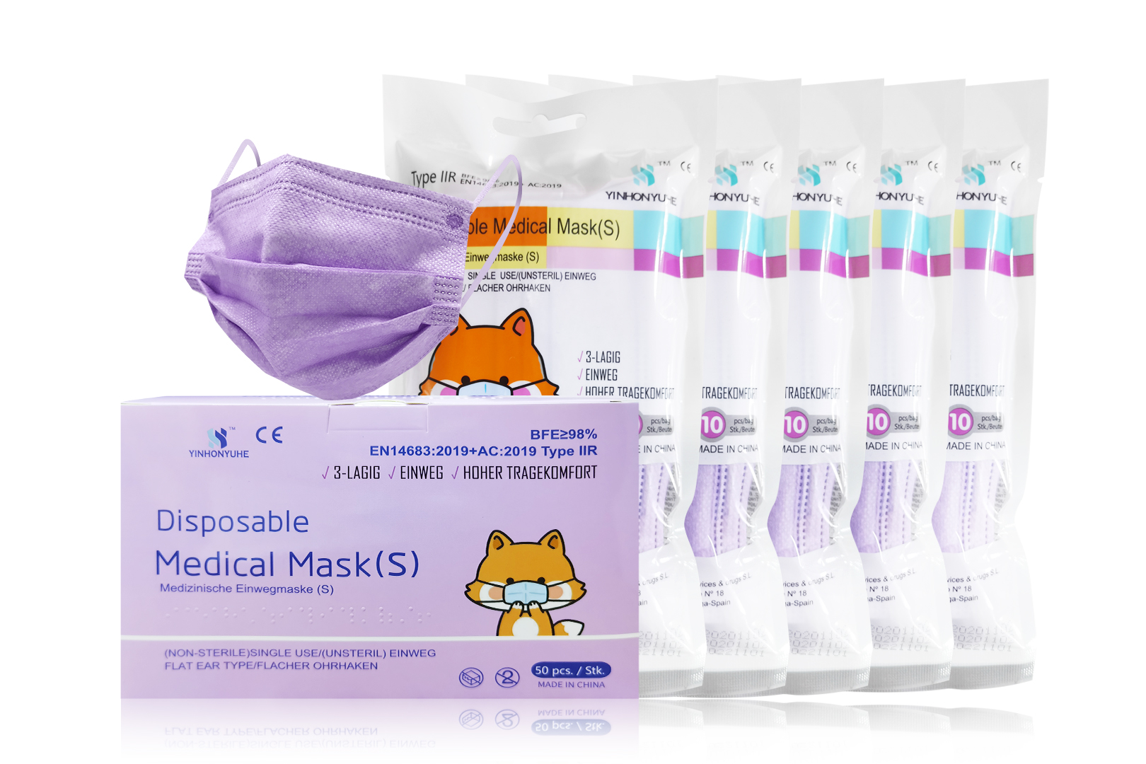 Kinder Medizinische Maske Typ II R, LILA, 10er Pack