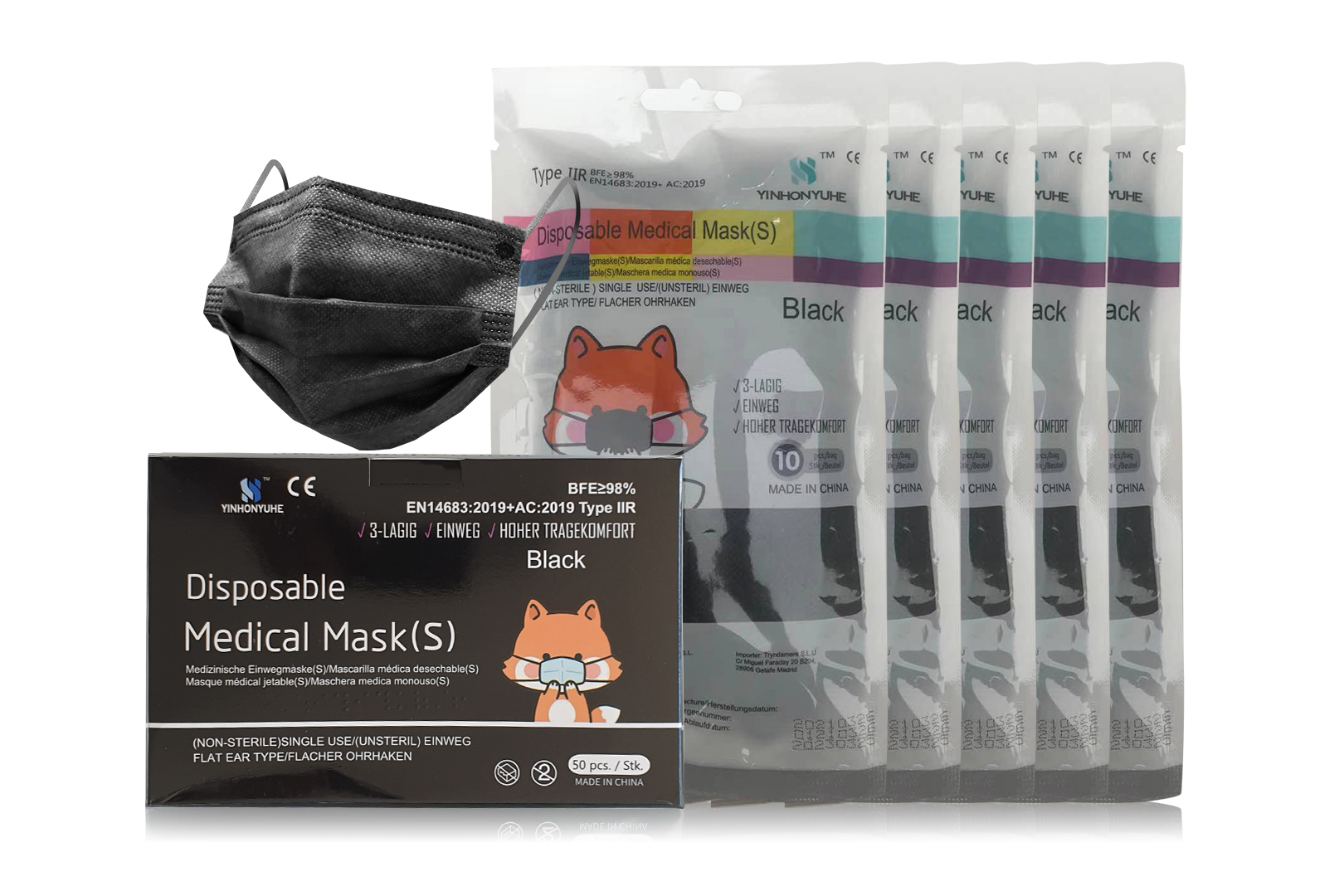 Kinder Medizinische Maske Typ II R, Schwarz, 10er Pack